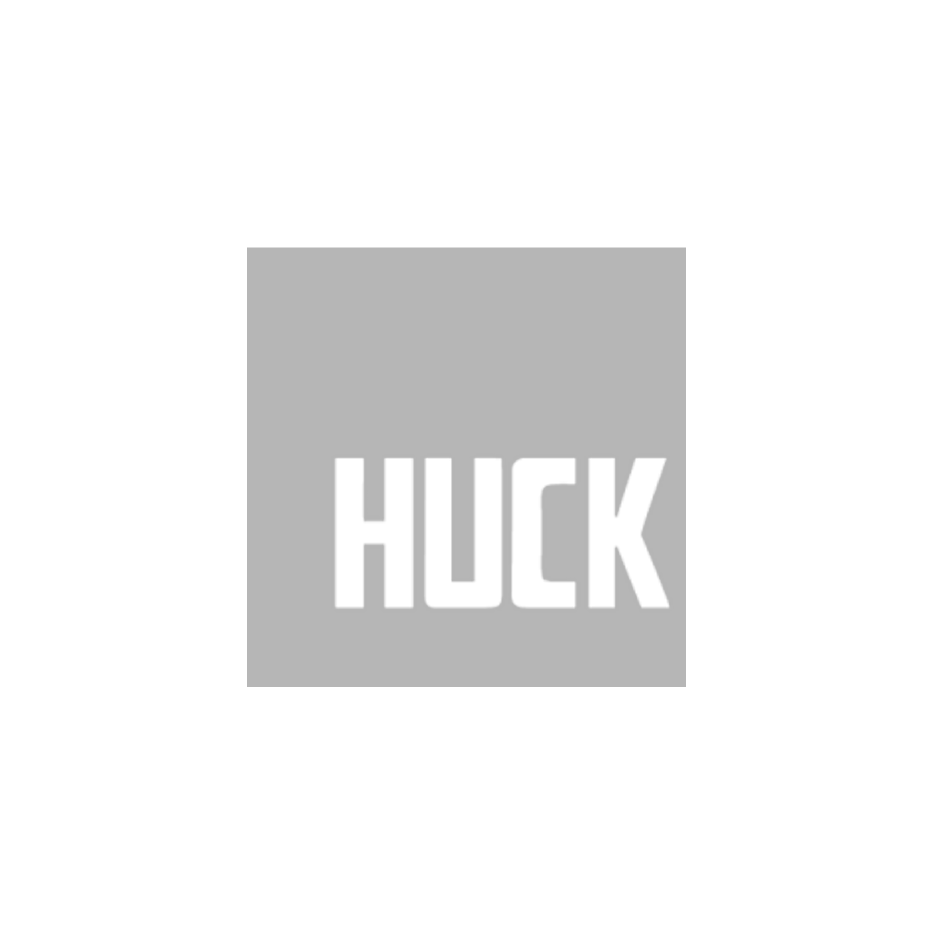 Black and white graphic with the name "HUCK" in bold white letters on a gray background.