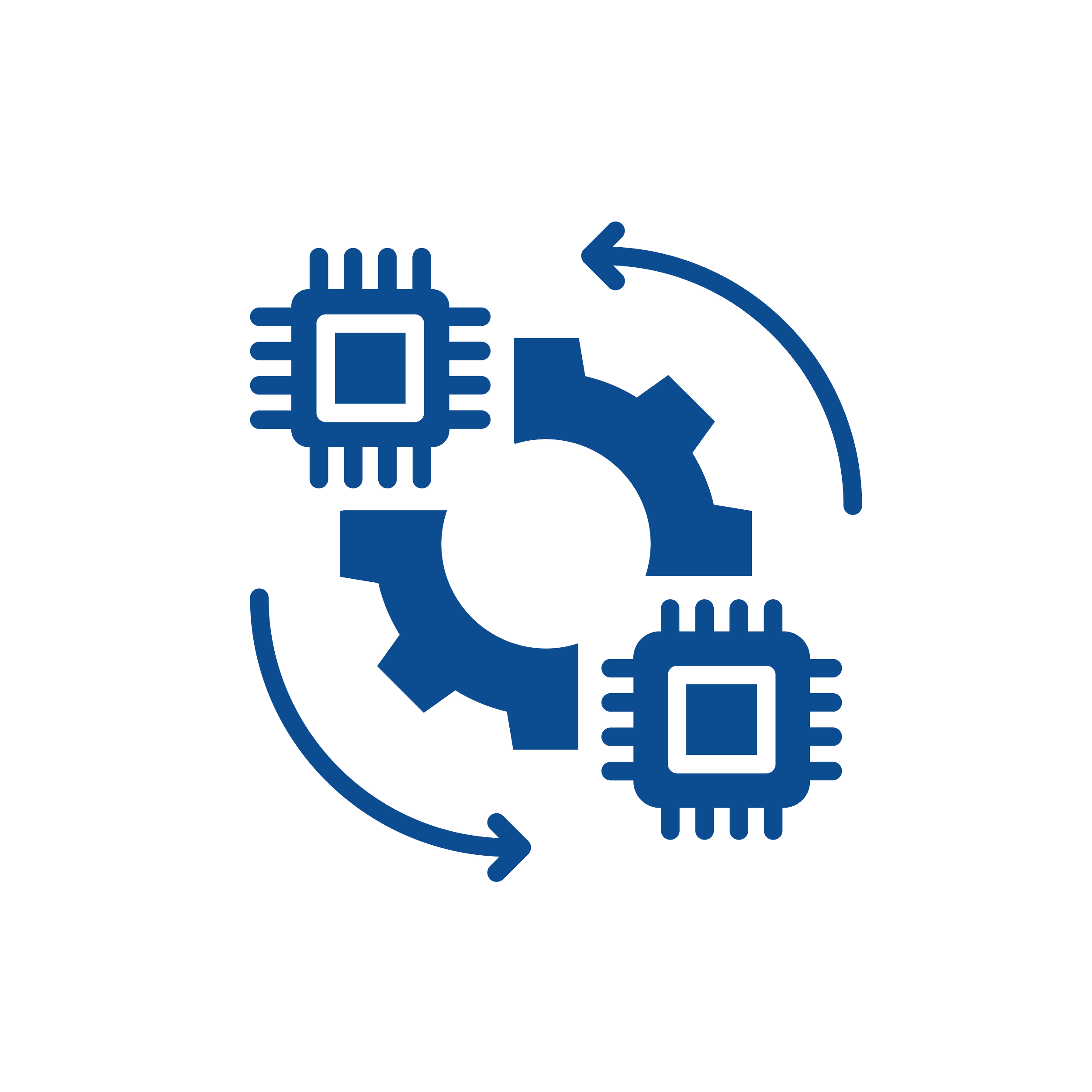 Icon depicting gears, microchips, and arrows, representing automation or technological integration.