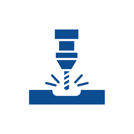 A simple blue and black icon of a drill drilling into a surface with spark lines indicating action.