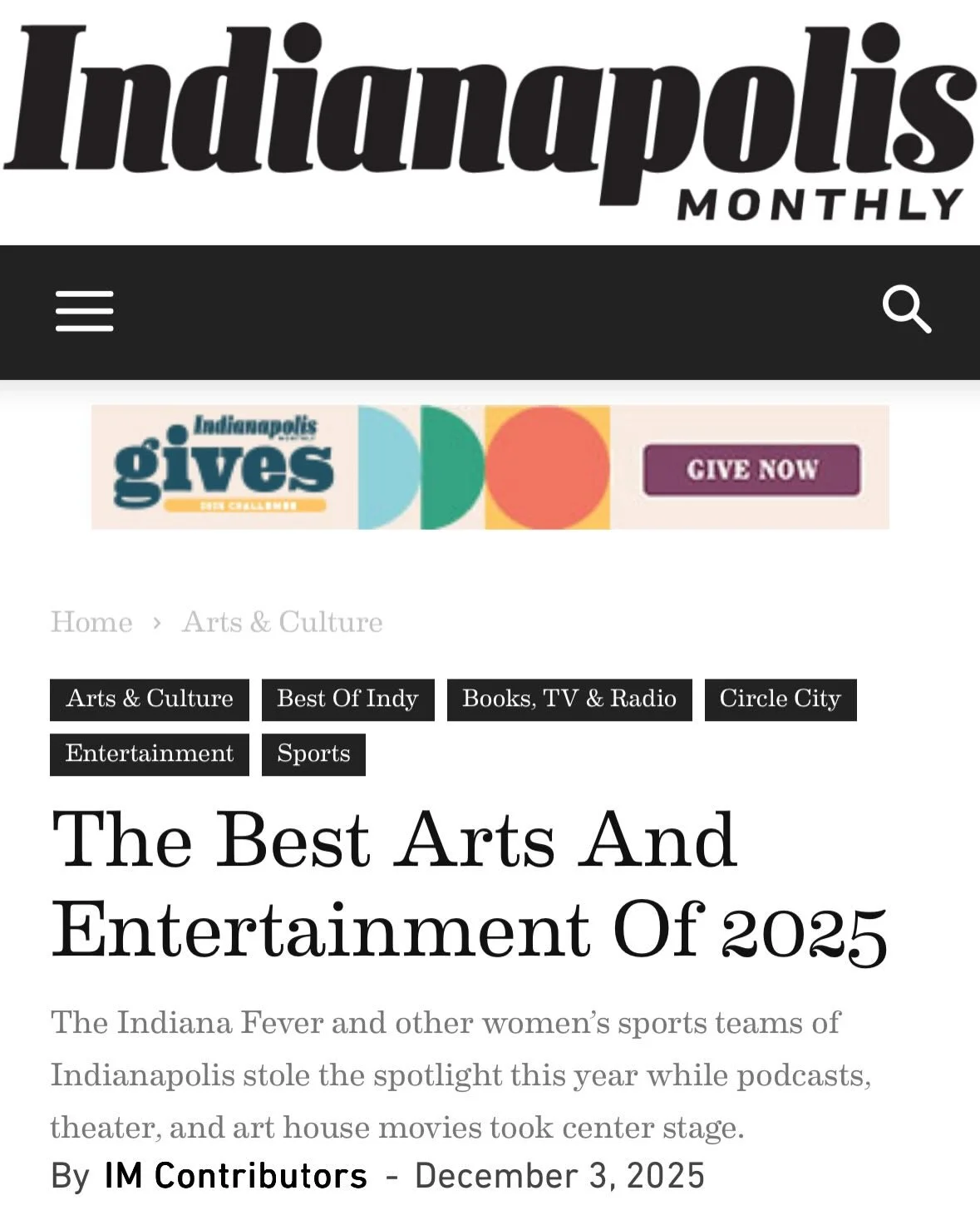 Wow. Completely surprised and deeply honored to be named in @indymonthly&rsquo;s Best Arts and Entertainment of 2025! It&rsquo;s one thing to be recognized as a Hoosier documentary film company closing in on twenty years, but it&rsquo;s something els
