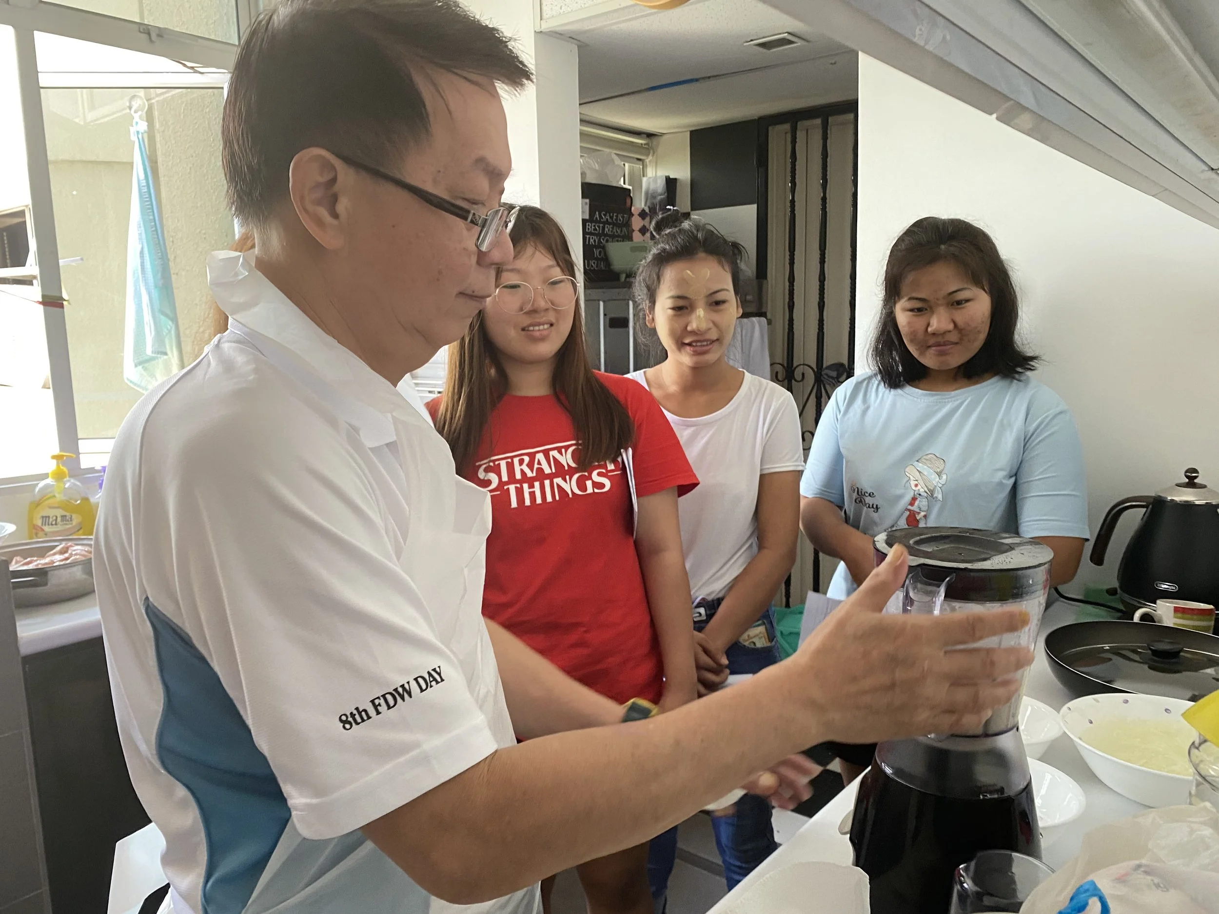 Cooking lessons for our helpers by a professional chef and trainer. Menu includes Har Cheong Kai, Curry Chicken, ABC Soup, Vegetables
