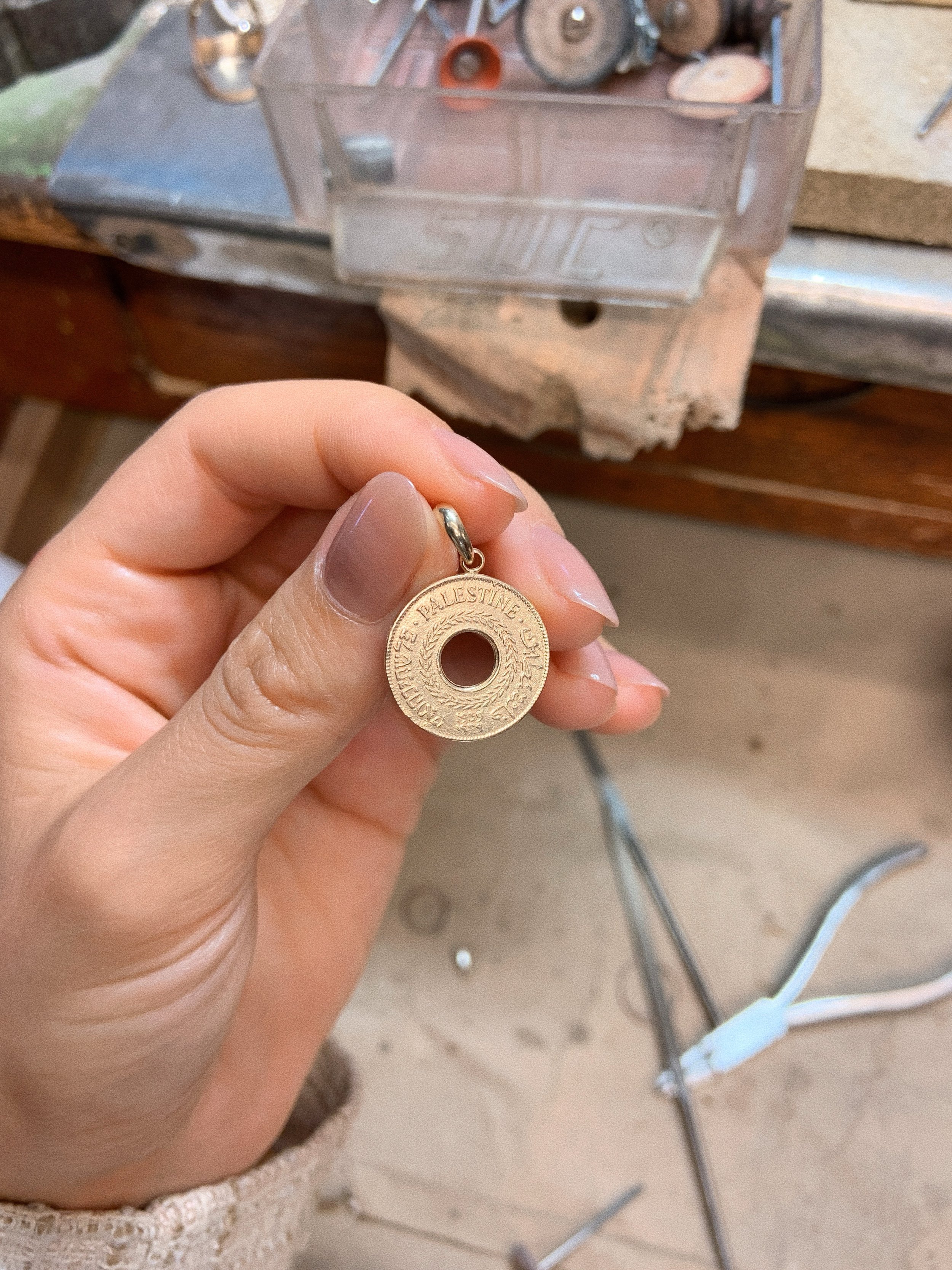 The original coin collection, a keepsake from my father&rsquo;s collection pre 1948 Palestine coins, recreated as jewellery. A piece of history, carried forward in a new form ✨
.
.
.
#nurnei #coinjewellery #goldcoin #coinnecklace #artisanaljewellery