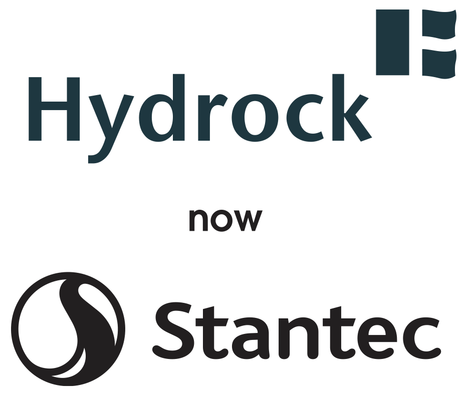 Logo with the words 'Hydrock now Stantec' and a circular icon featuring a flame or drop shape.
