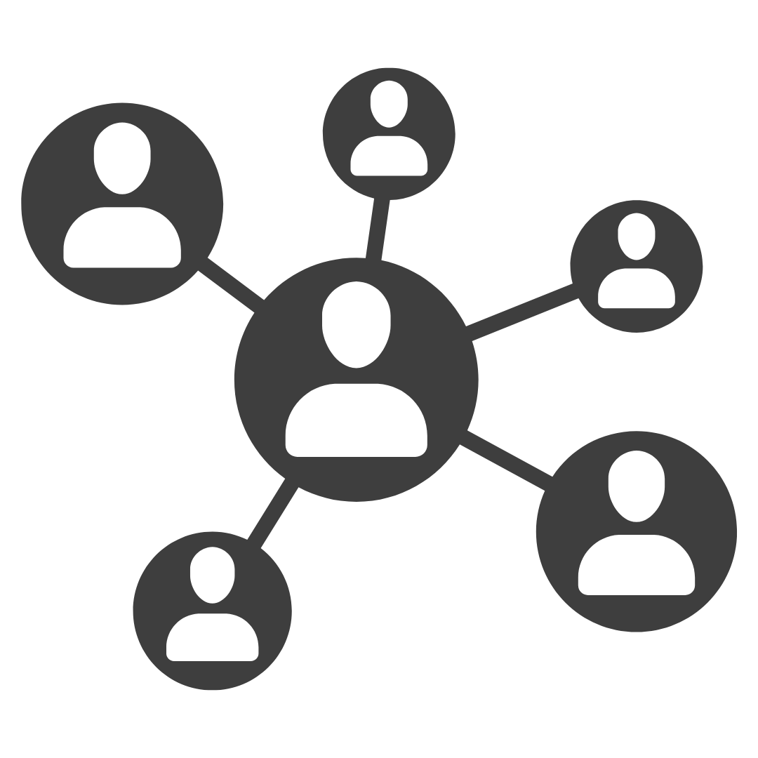 A network diagram with a central person icon connected to five other person icons.