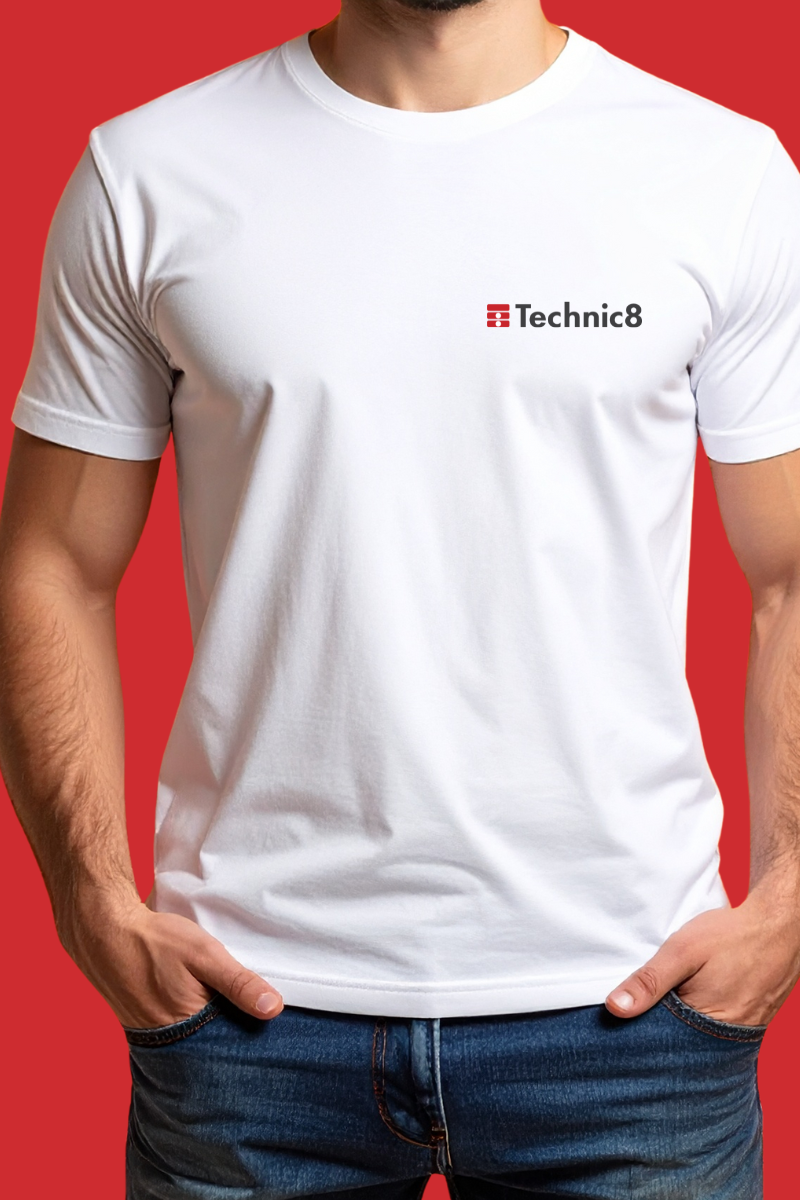 A man wearing a white T-shirt with a small Technic8 logo on the left chest, standing against a red background.