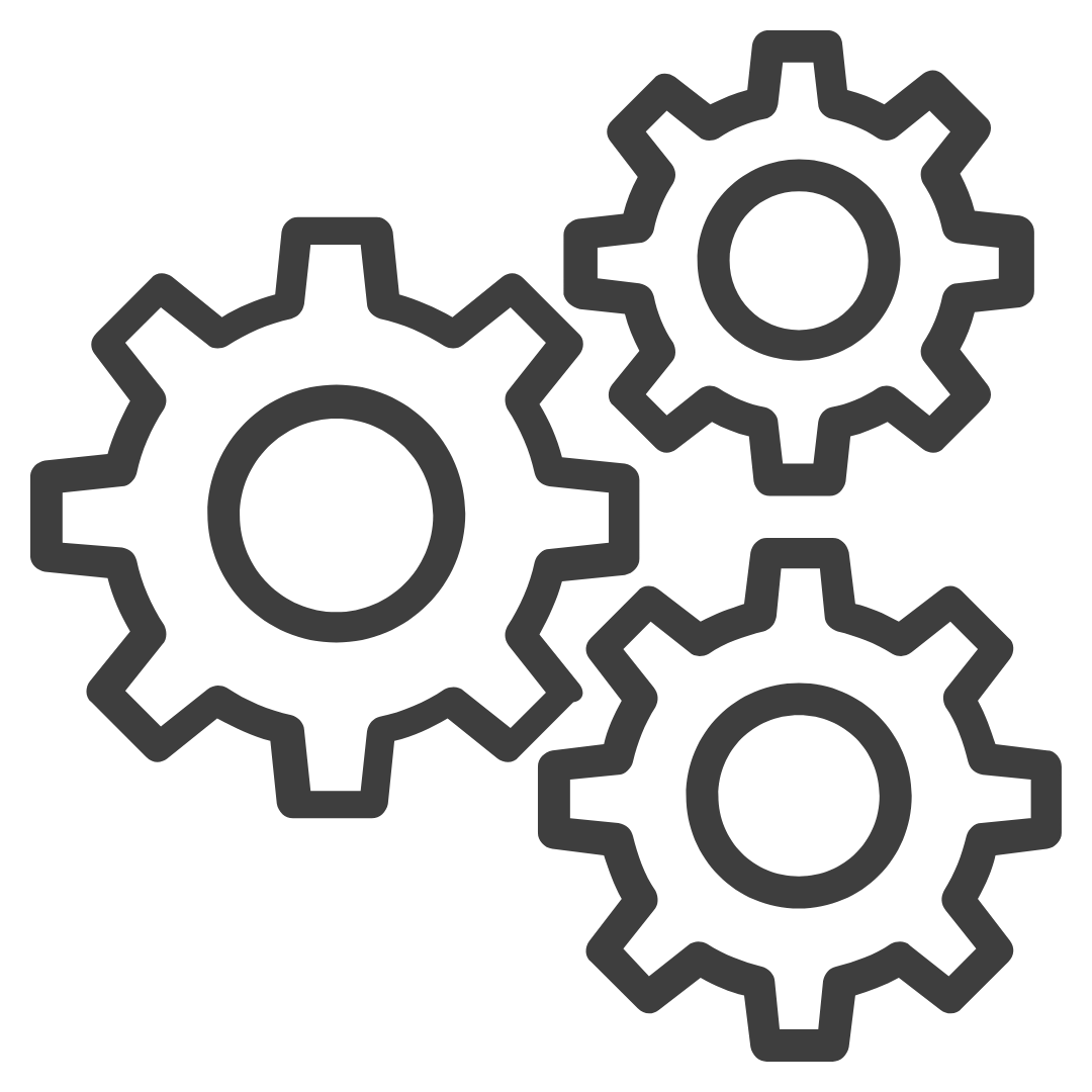 Outline of three interconnected gears, representing machinery or mechanical system.