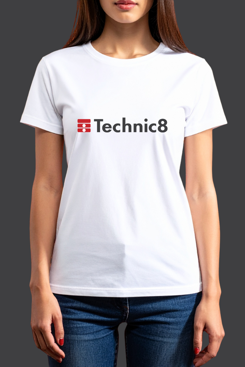A woman wearing a white t-shirt with the Techni8 logo printed on the front.