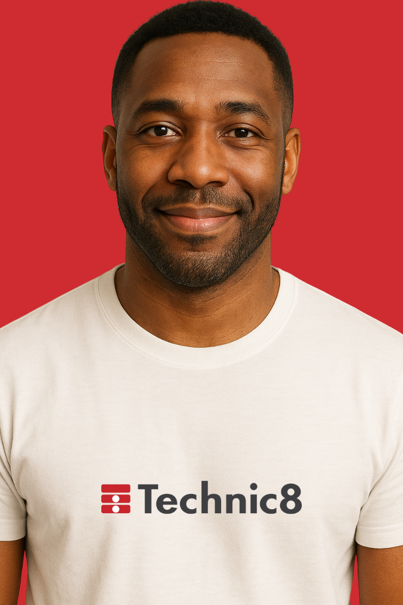 A smiling man wearing a white T-shirt with the Techinc8 logo against a red background.