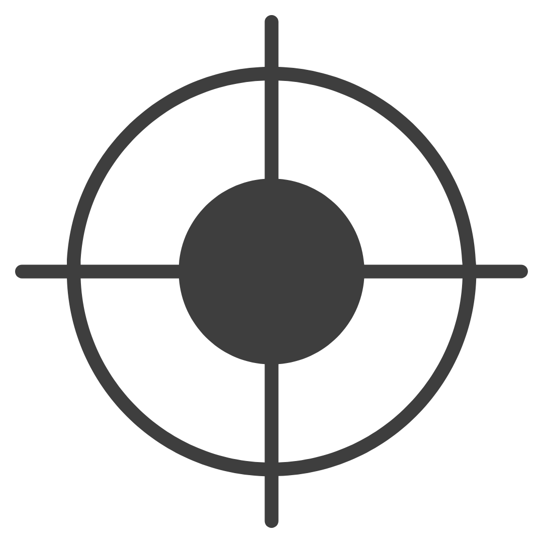 Black and white crosshair target symbol with a circular outline and four lines extending outward.
