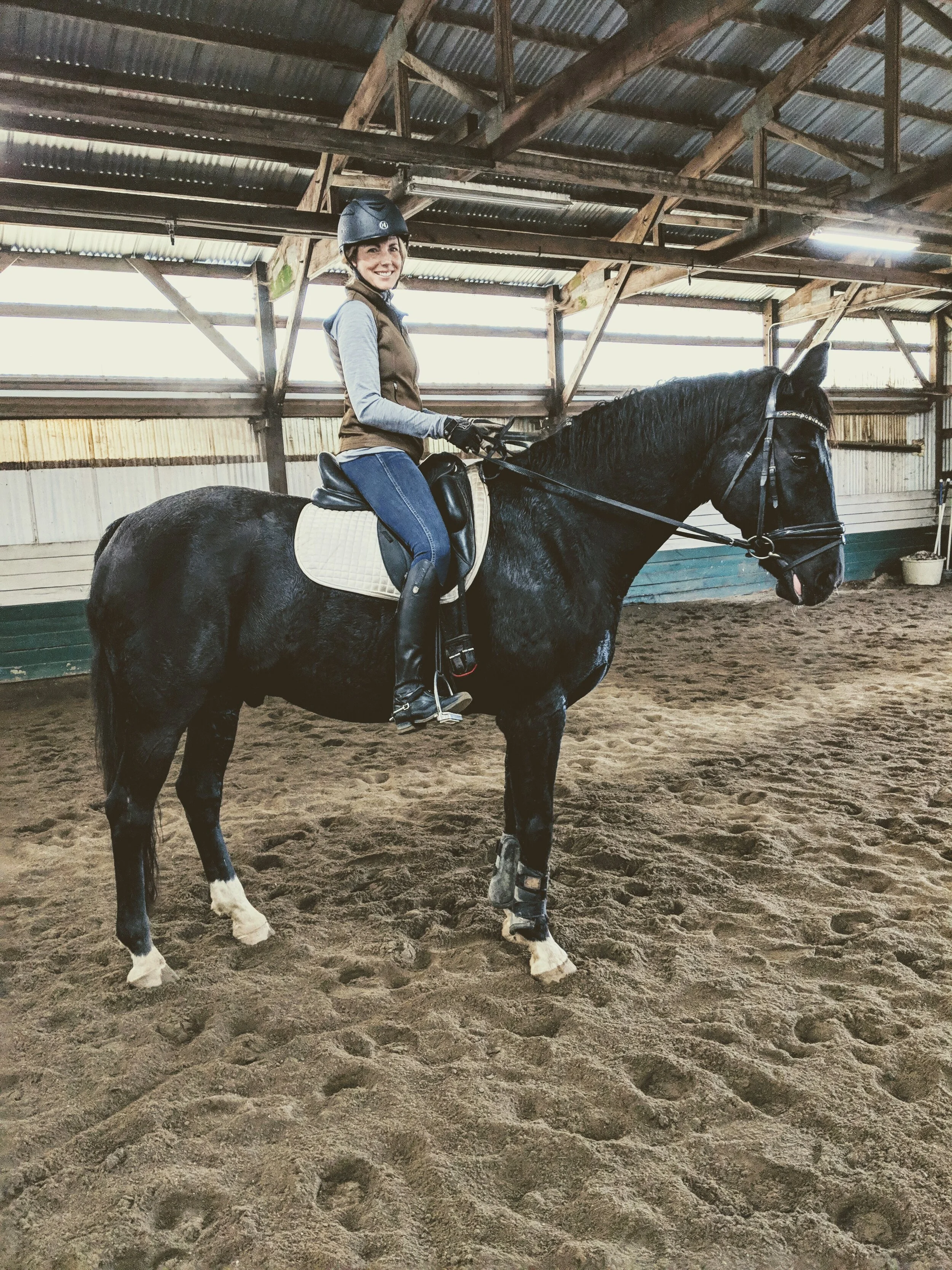 A photo with sweet Allegro. This was my first time back on a horse after a bad fall that resulted in blunt chest trauma, concussion and a cracked tooth for me.