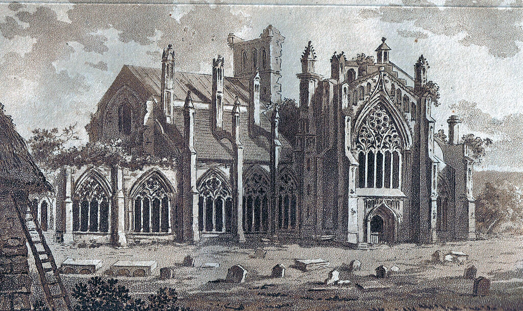  Melrose Abbey in 1800 when part of the abbey was still in use as the parish church [3]     