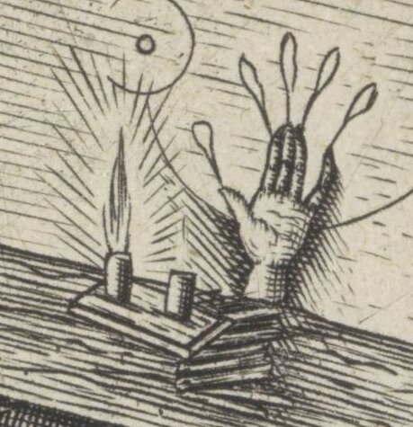 A hand of glory on a mantlepiece, in a detail of the 1565 artwork The Elder Saint Jacob visiting the Magician Hermogenes by Pieter van der Heyden