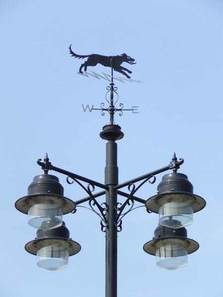  Street light detail. The Black Dog of Bungay Suffolk on top of the street light for overall view see  900289  The Black Dog weathervane, also known as Black Shuck, is related to death and  superstition, and derived from the Norse war-dog, the Hound 