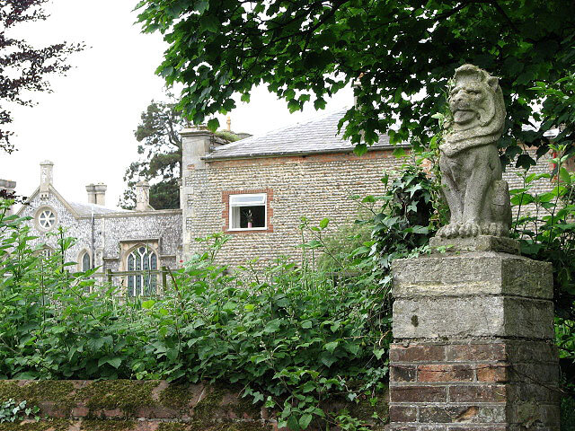  Cromer Hall with lion Cromer Hall viewed from Hall Road, past one of a number of stone lions placed alongside the surrounding wall. Viewed from Hall Road. The original Cromer Hall was destroyed by fire and rebuilt in a Gothic style, with heavily mul