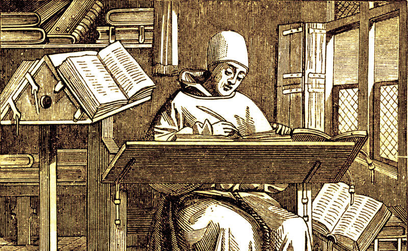 A monk scribe surrounded by manuscripts and books writing at his desk. After a 15th century work. From Les Artes au Moyen Age, published Paris 1873.