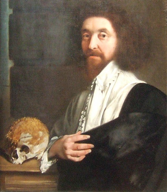 Portrait of John Tradescant the younger, featuring a skull with usnea growth, attributed to Thomas De Critz, 1652.