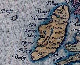   Brasil (far left) as shown in relation to   Ireland   on a map by   Abraham Ortelius   (1572)  