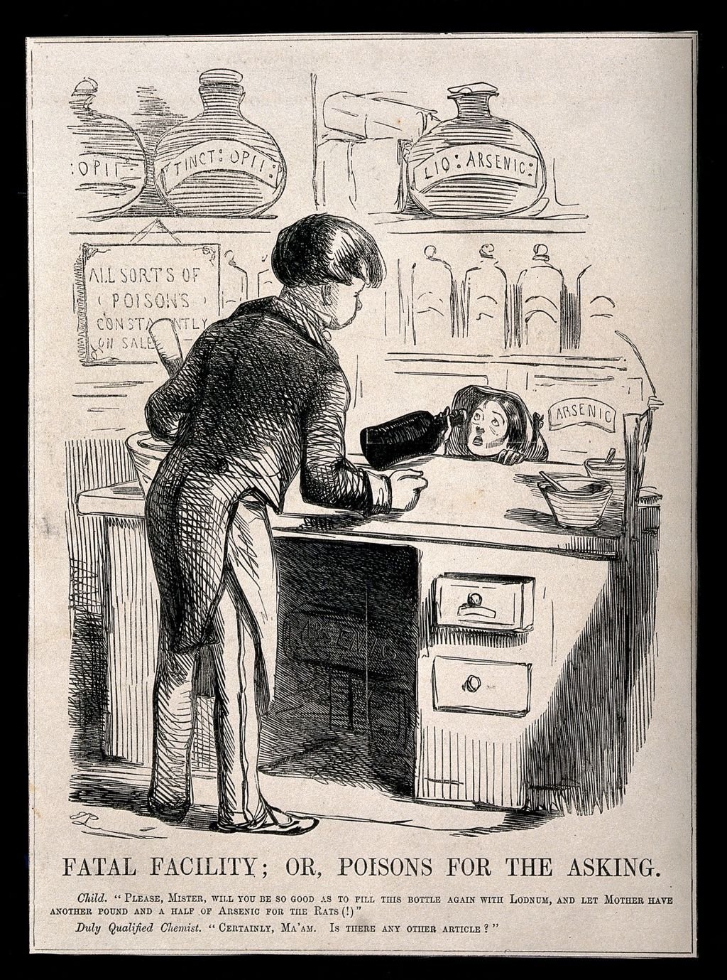 An unscrupulous chemist selling a child arsenic and laudanum. Wood engraving after J. Leech.