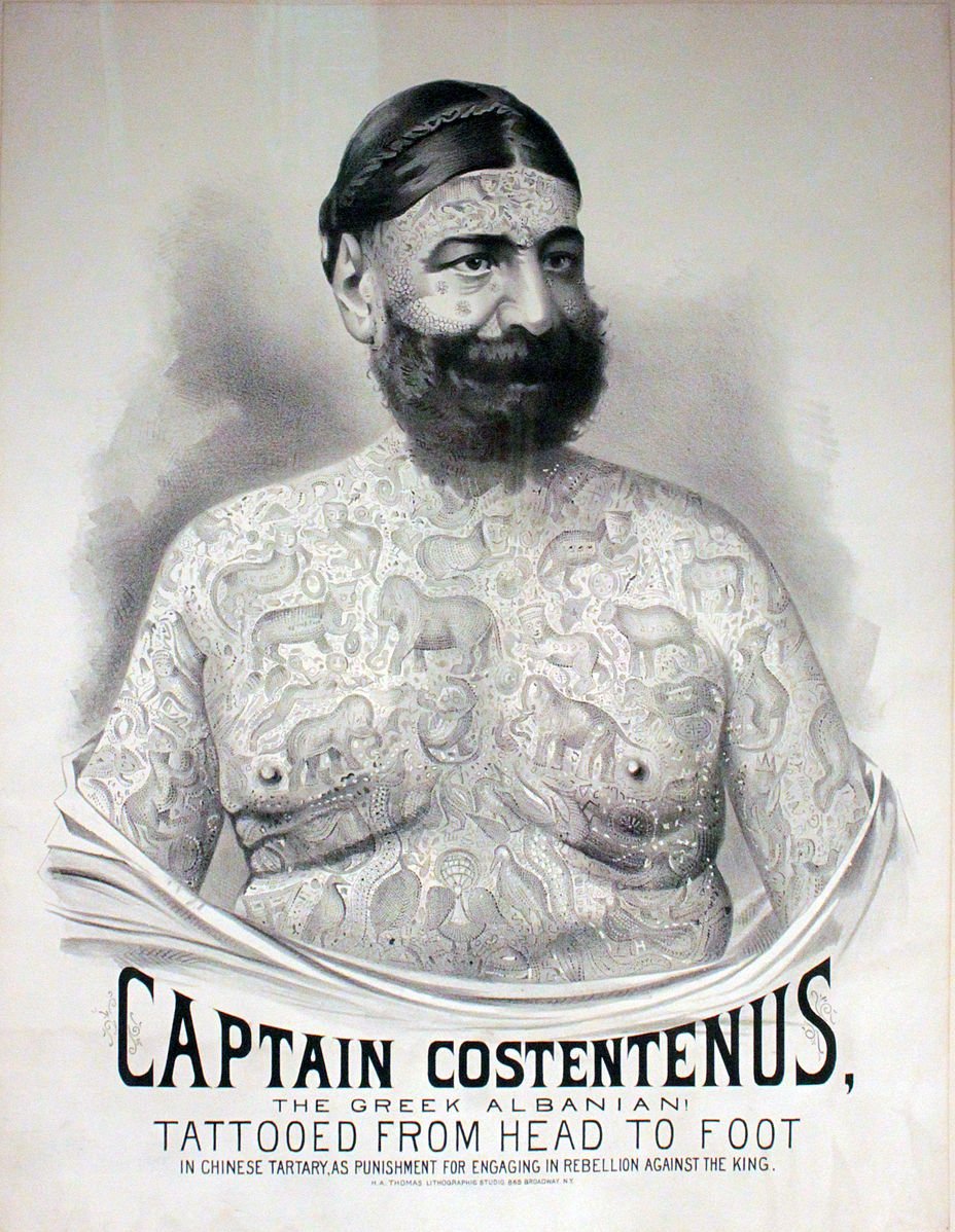 Poster advertising Captain Costentenus as a side show for the Great Farini or P. T. Barnum circus.