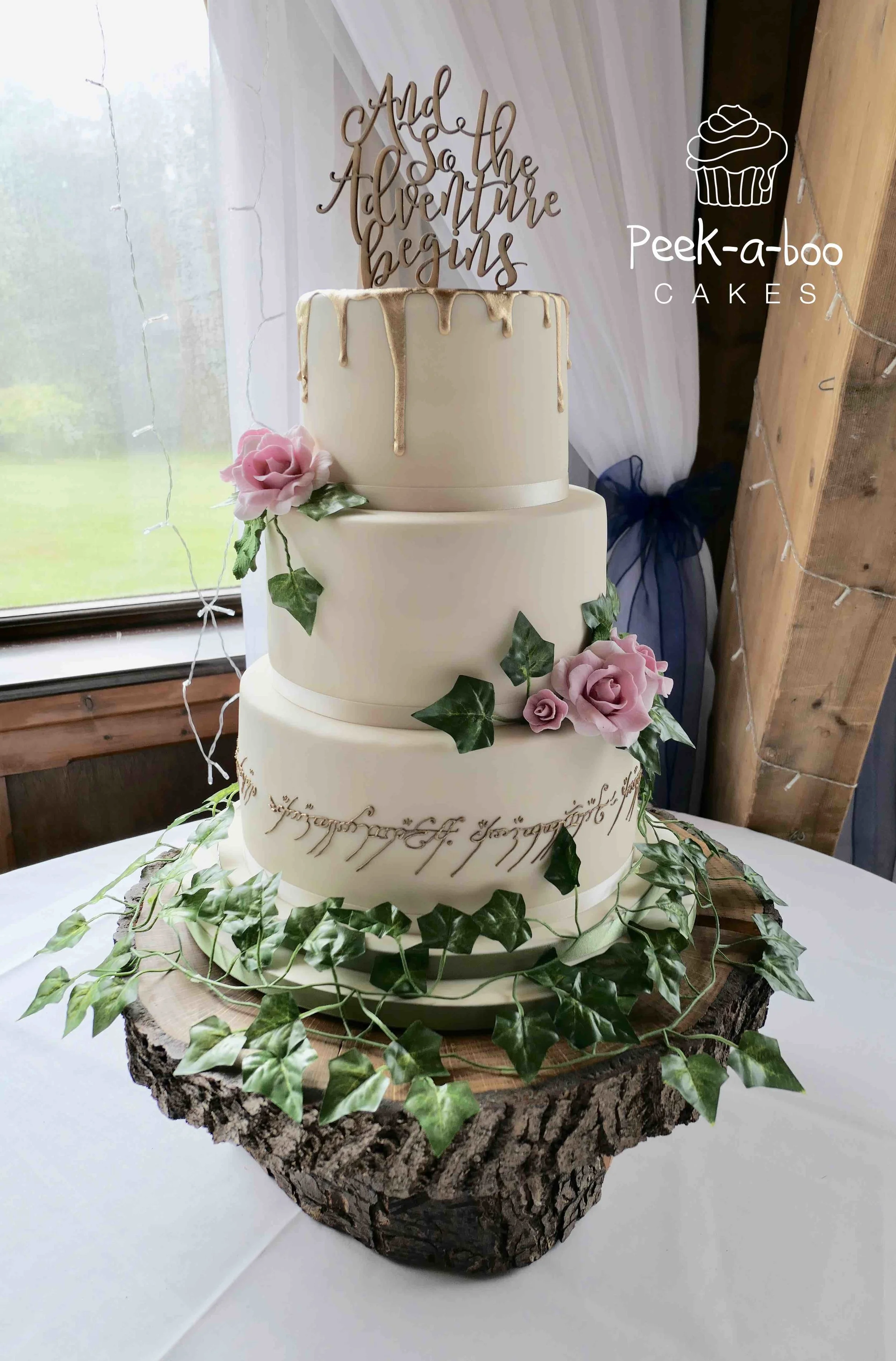 Lord of the Rings ivory & pink sugar rose tiered wedding cake