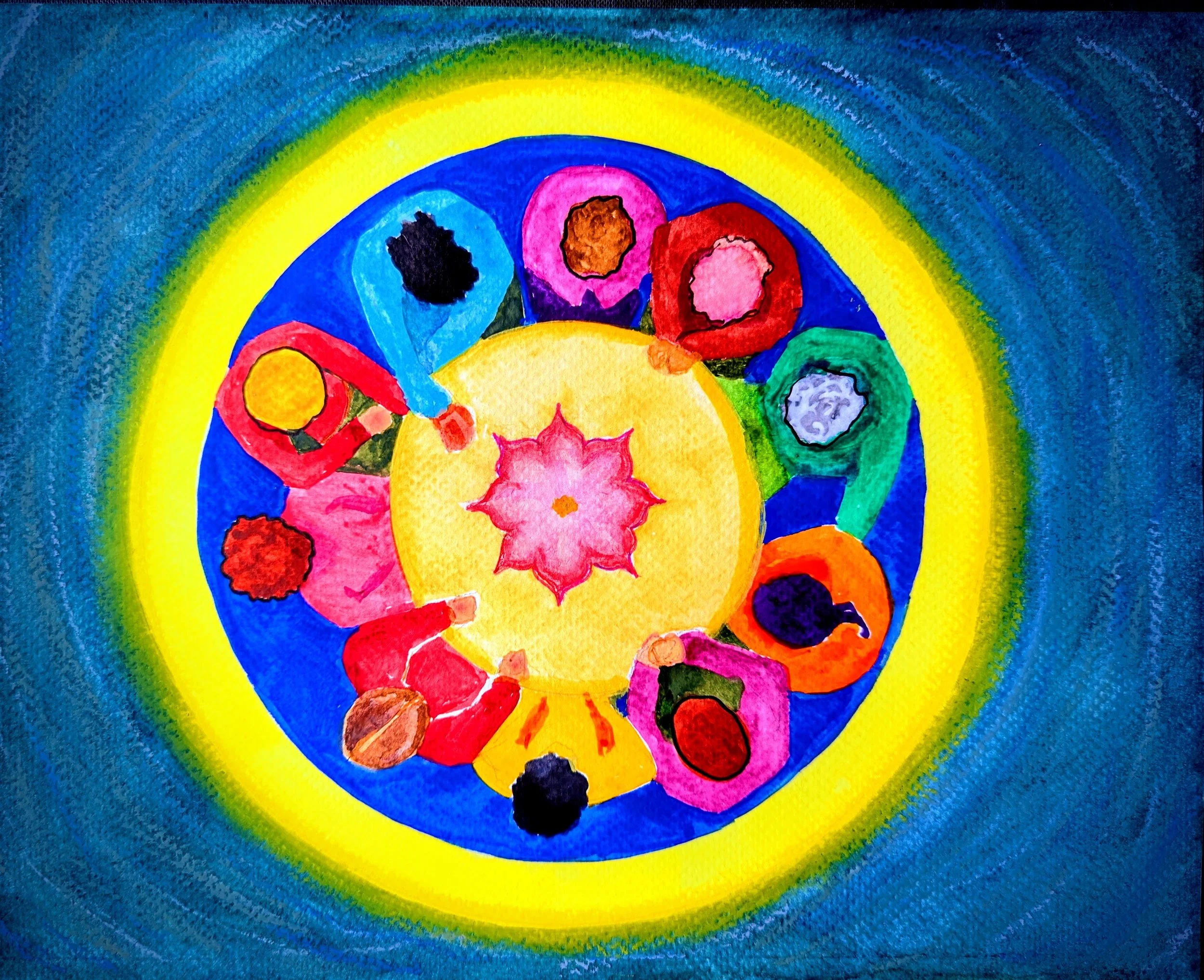 watercolor painting of people sitting in circle around a table enclosed by  yellow ring on blue background