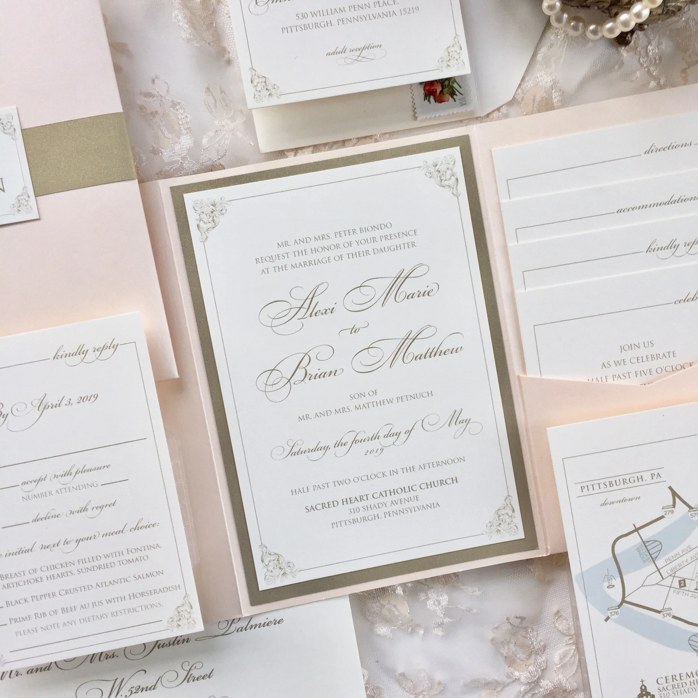Blush and gold formal wedding invitation 