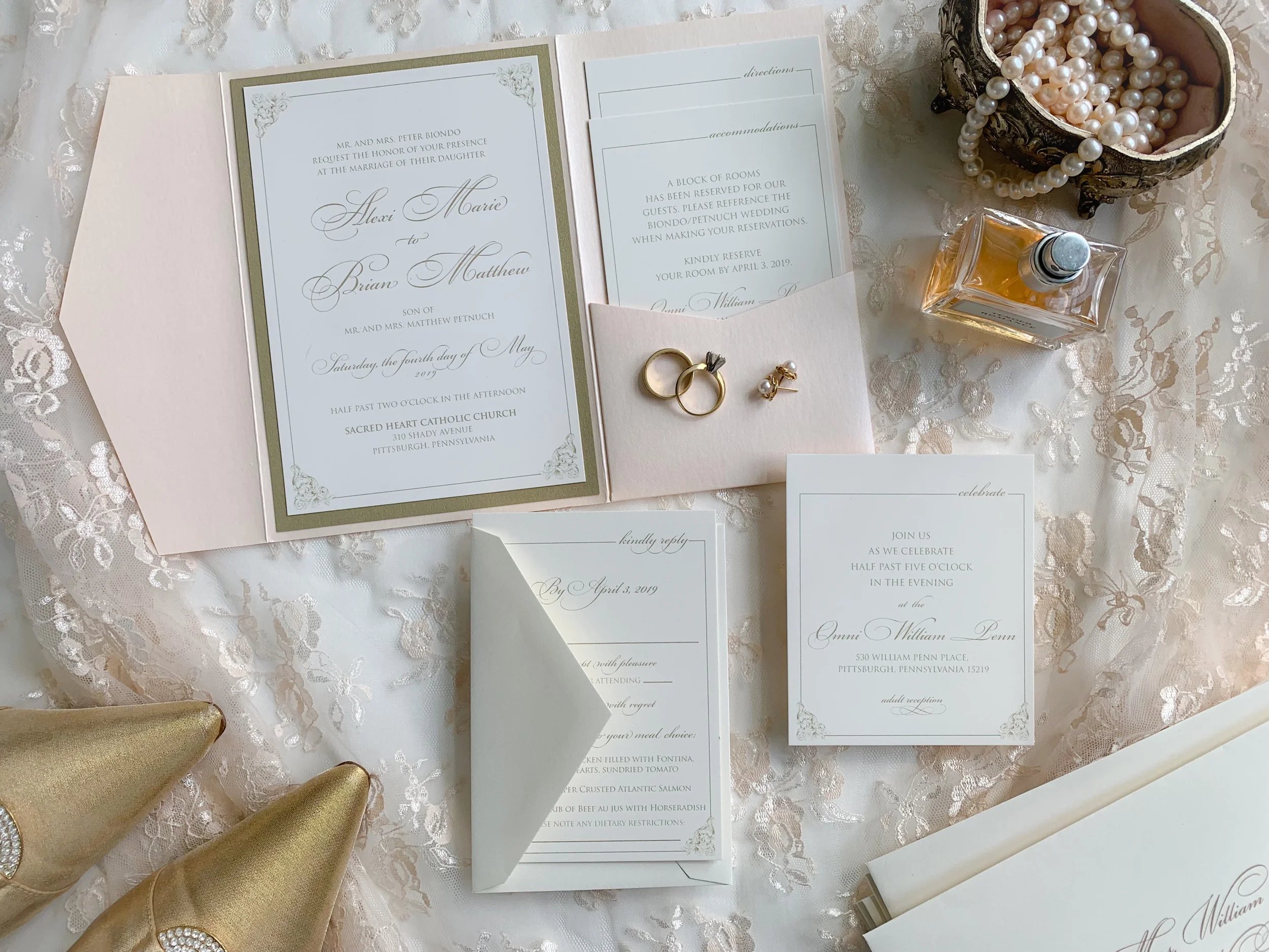 Blush and gold wedding invitation with script fonts