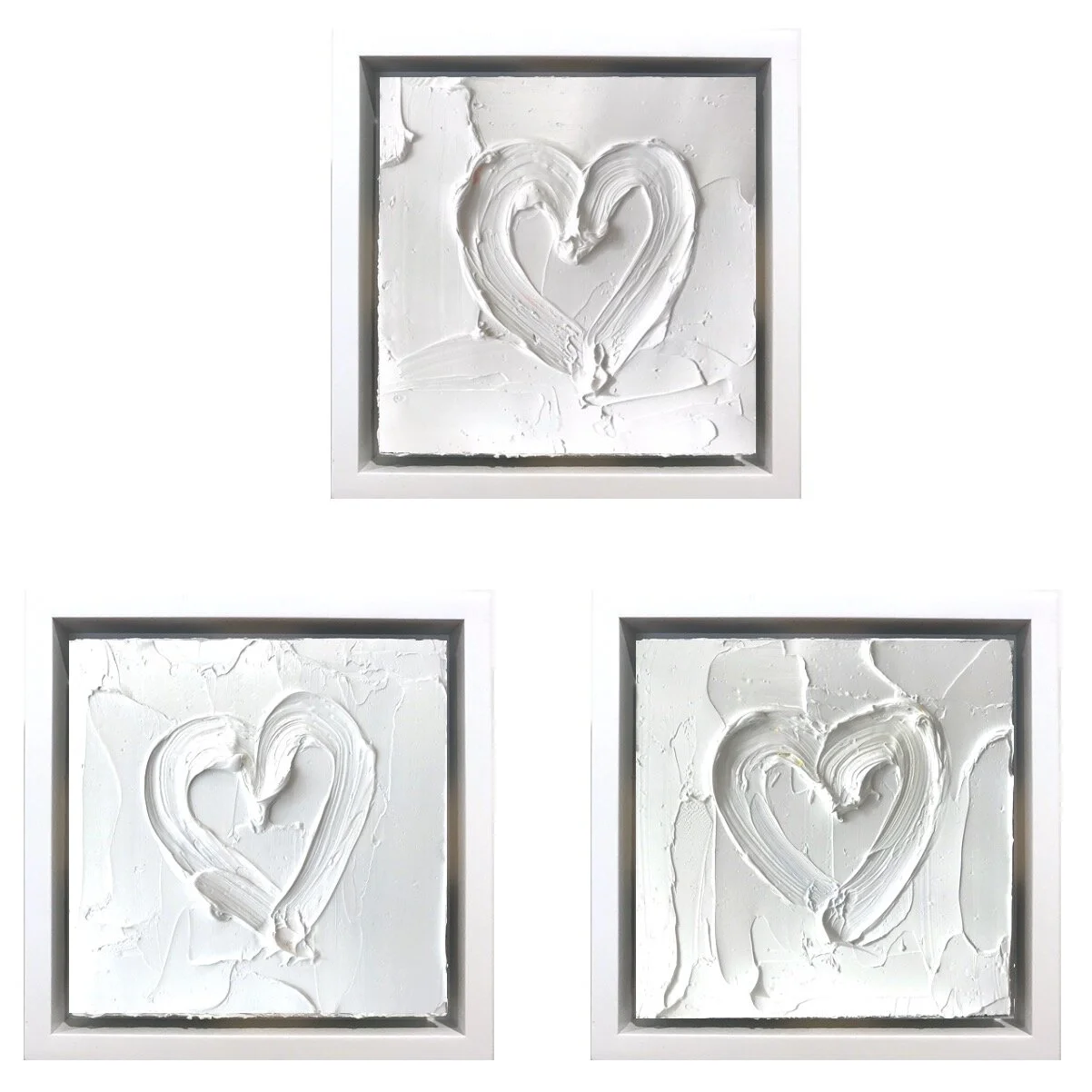 3 White on White My Hearts, 6 x 6 inches each