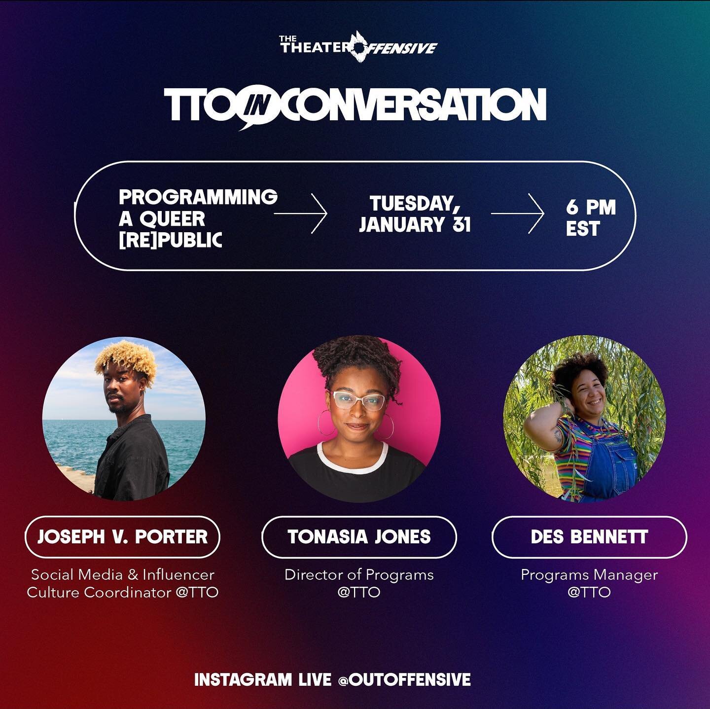 We&rsquo;re back tonight for another installation of TTO in Conversation! 

Tonight we&rsquo;re talking &ldquo;Programming a Queer Republic&rdquo; with TTO&rsquo;s Director of Programs, Tonasia Jones and Programs Manager, Des Bennett!

Send us any qu