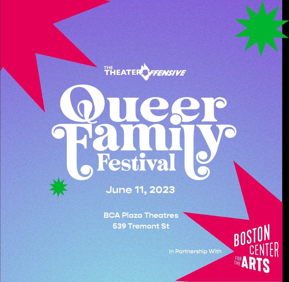 SAVE THE DATE! Queer Family Festival June 11, 2023

Join us for The Theater Offensive&rsquo;s inaugural Queer Family Festival (QFF), as part of our Queer Family Series on Sunday, June 11, 2023!

In partnership with the Boston Center for the Arts, QFF