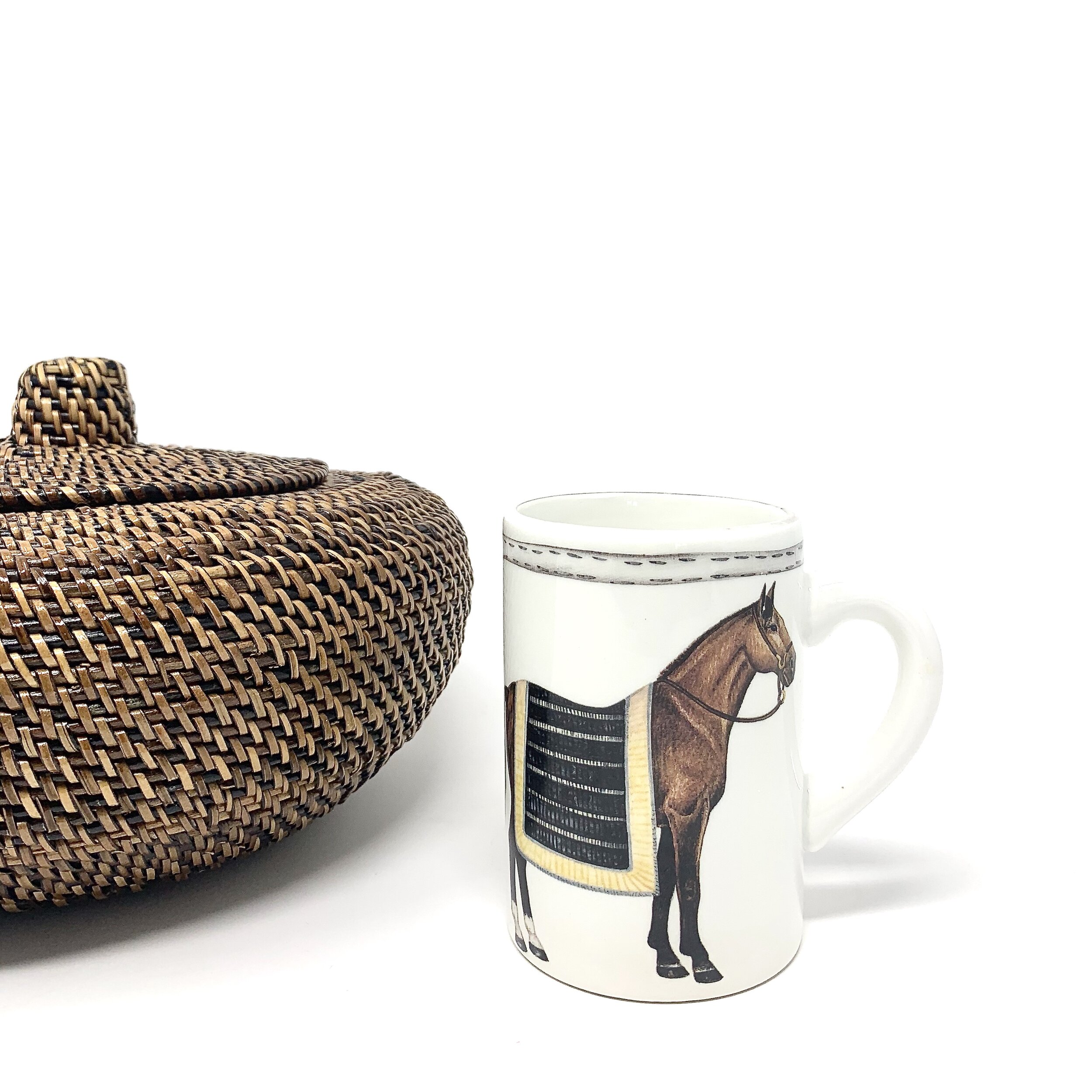 Hand-painted Italian ceramic tumbler with black and gold striped horse blanket design