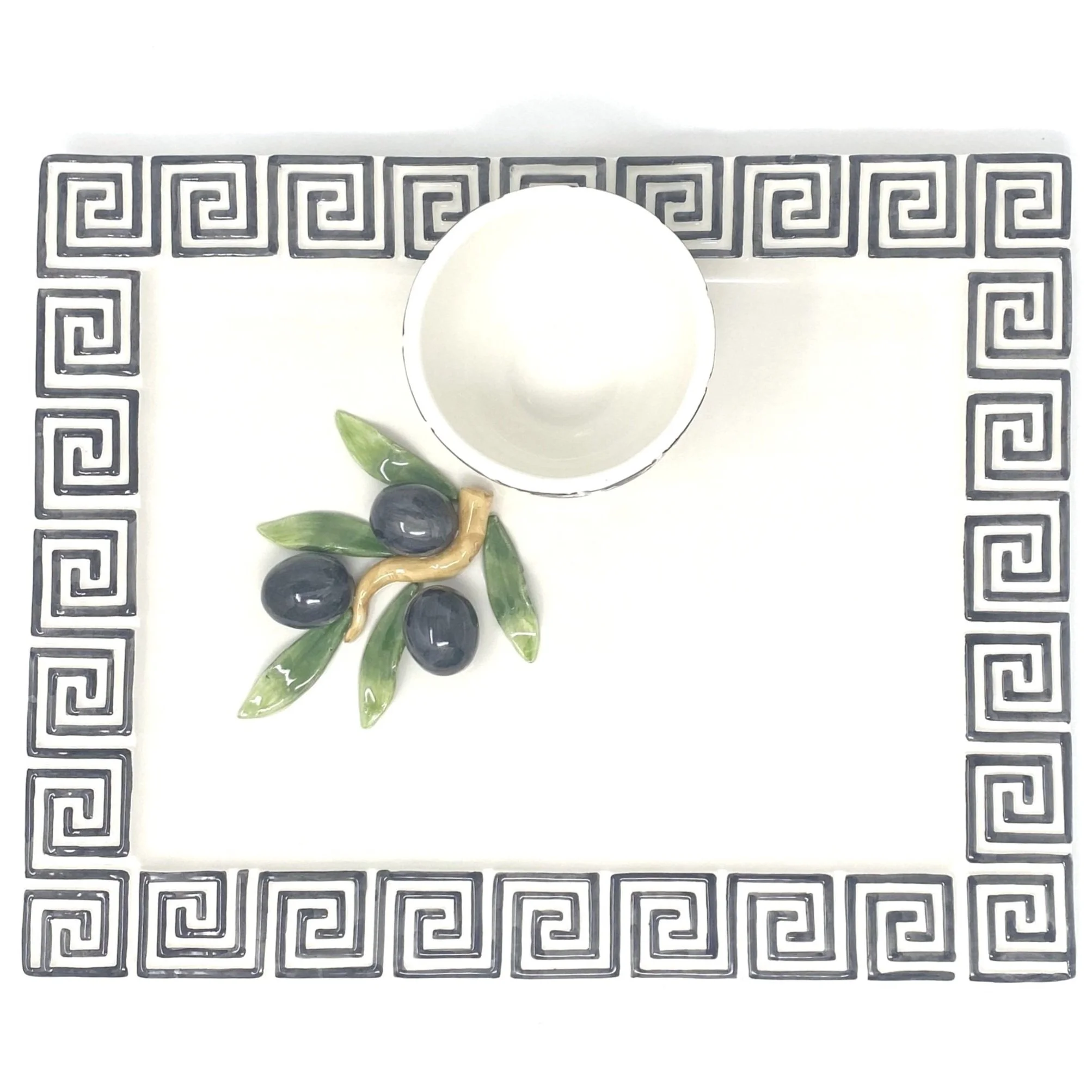 Olive Branch Chip and Dip on Black Greek Key Border