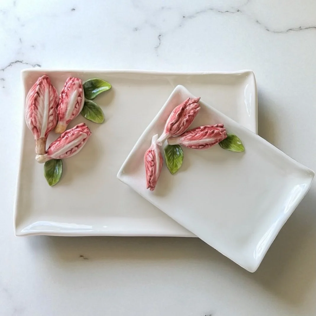 The Endive Trays belong to an age old game of pretend.

#trompeloeil #vegetableware  #importedceramics #majolica