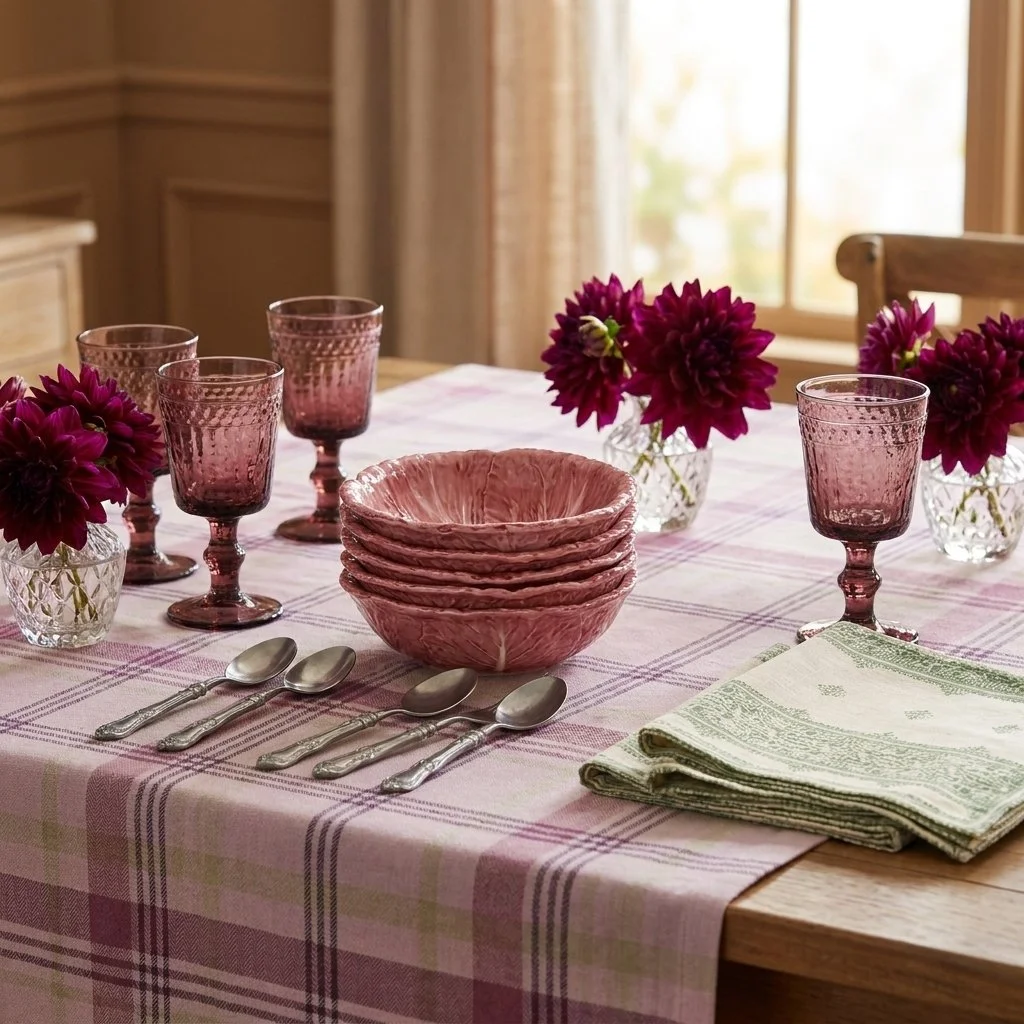 Hand-painted Italian ceramic radicchio dinnerware table setting.