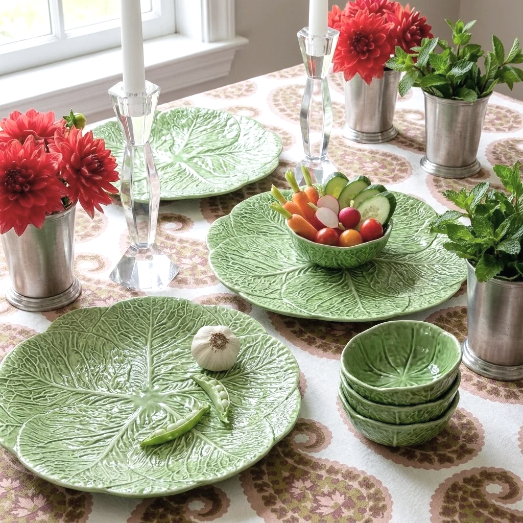 Hand-painted ceramic cabbage leaf chip and dip platters arranged on a table, from The Mane Lion.