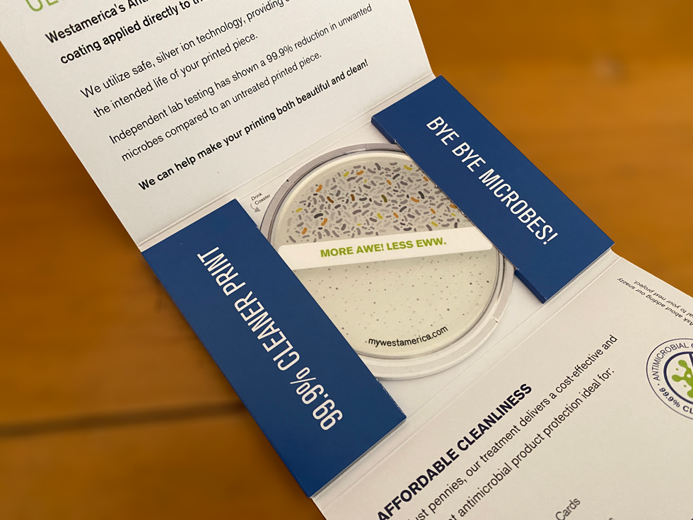 ANTI - MICROBIAL direct mail piece - internal view with petri dish 