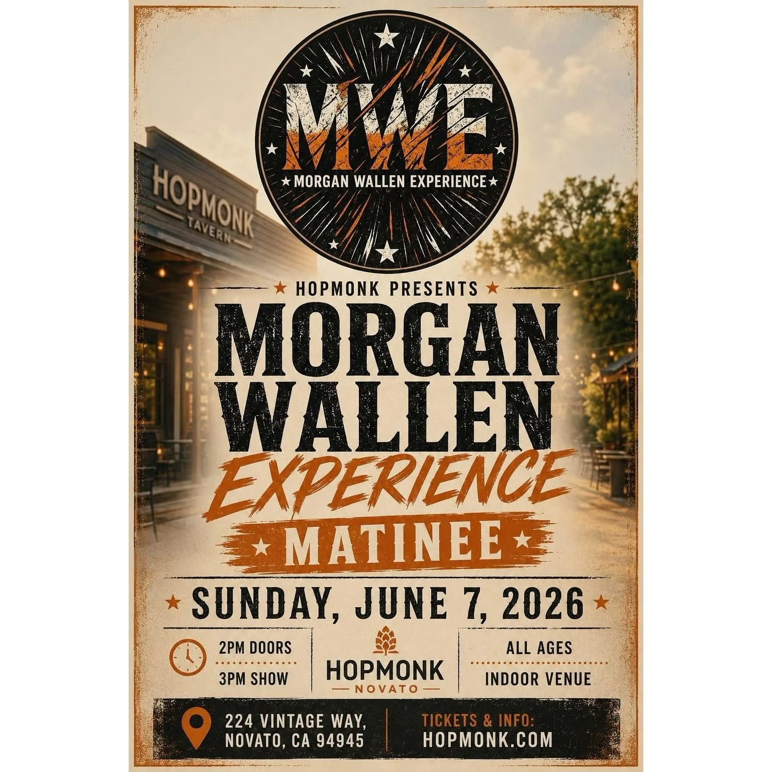 Calling all Morgan Wallen fans!
Sunday, June 7 - *3pm Matinee*
HopMonk - Novato, CA