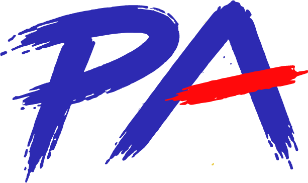 Stylized text reading ‘PA' with blue brush strokes and a red underline.