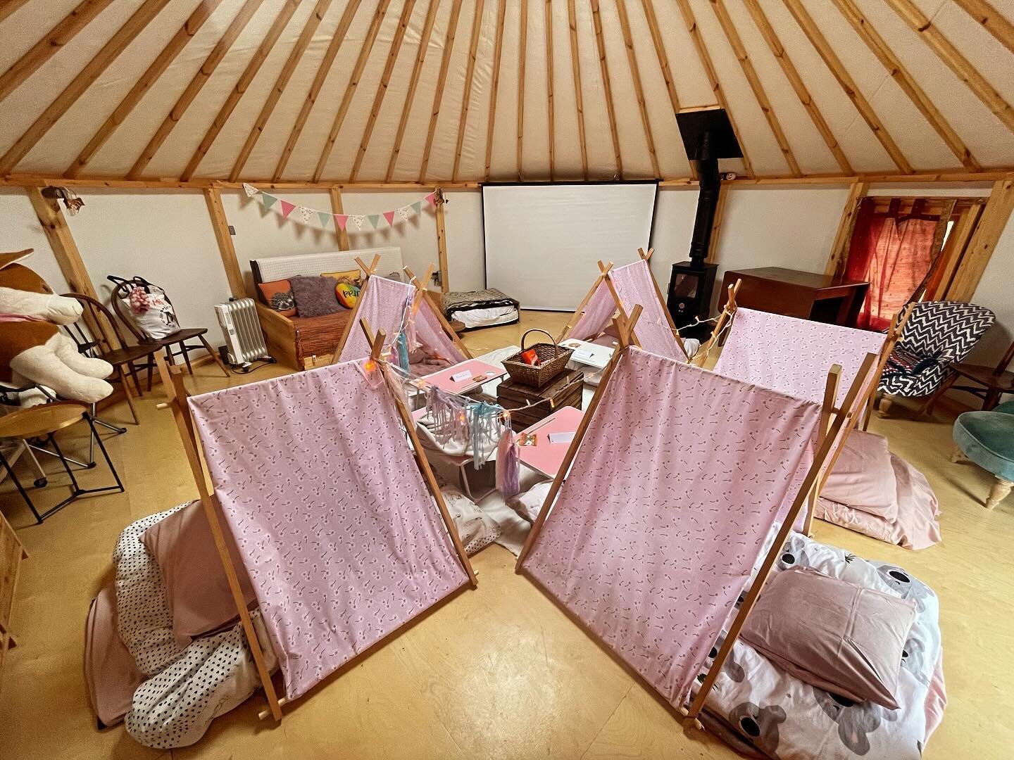 The yurt is all setup for my daughter&rsquo;s sleepover party including sleeping tents and a movie screen 🎉🥳