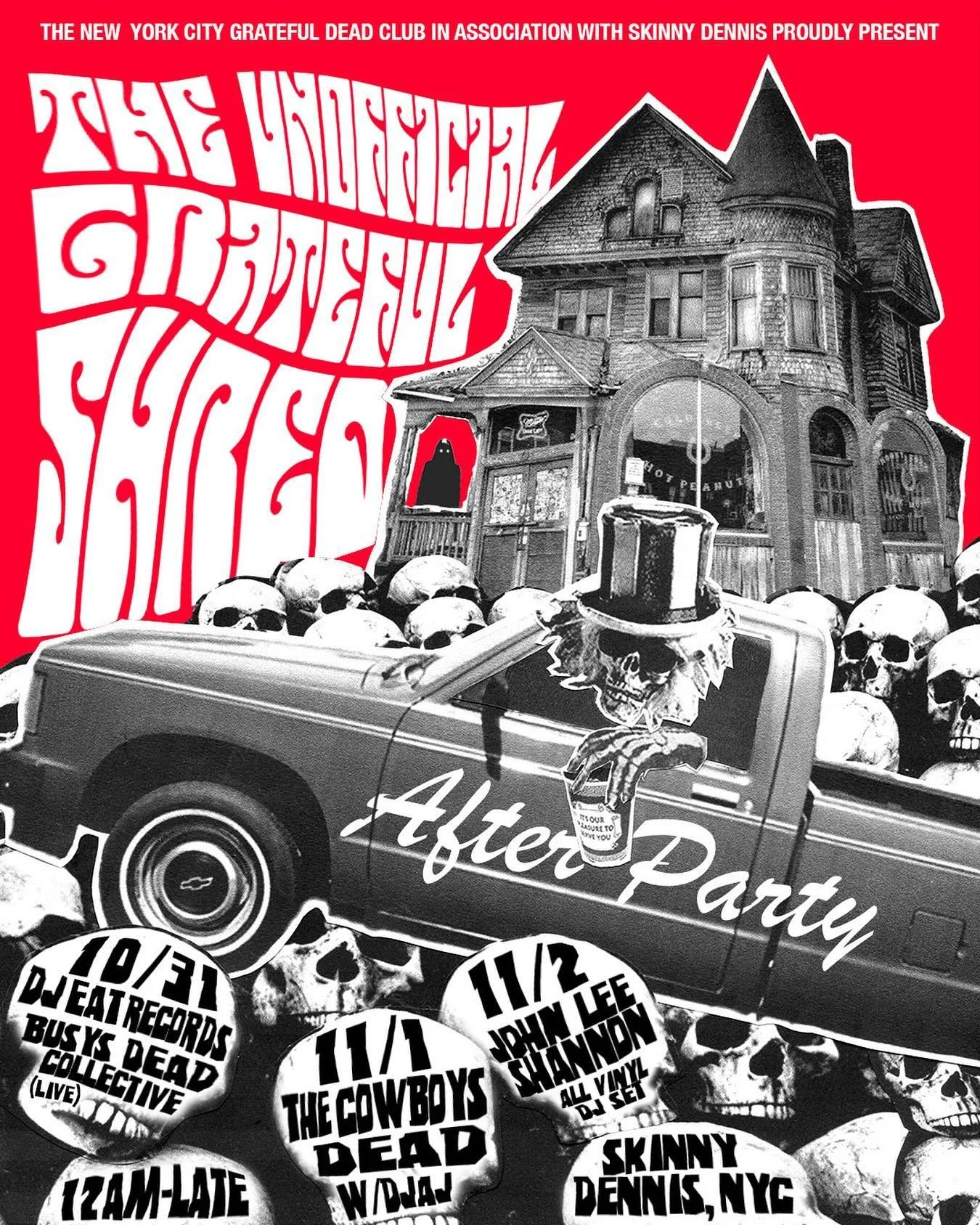 Calling all Heads! ☎️ 3 nights of unofficial Shred after parties! 🎈 Come hang with us after The Bowl and celebrate the life of our hero Phil! 💣 

10/31 Dj Eat Records + late night set w Busy&rsquo;s Dead Collective (11PM $5 at the door) 
11/1 The C