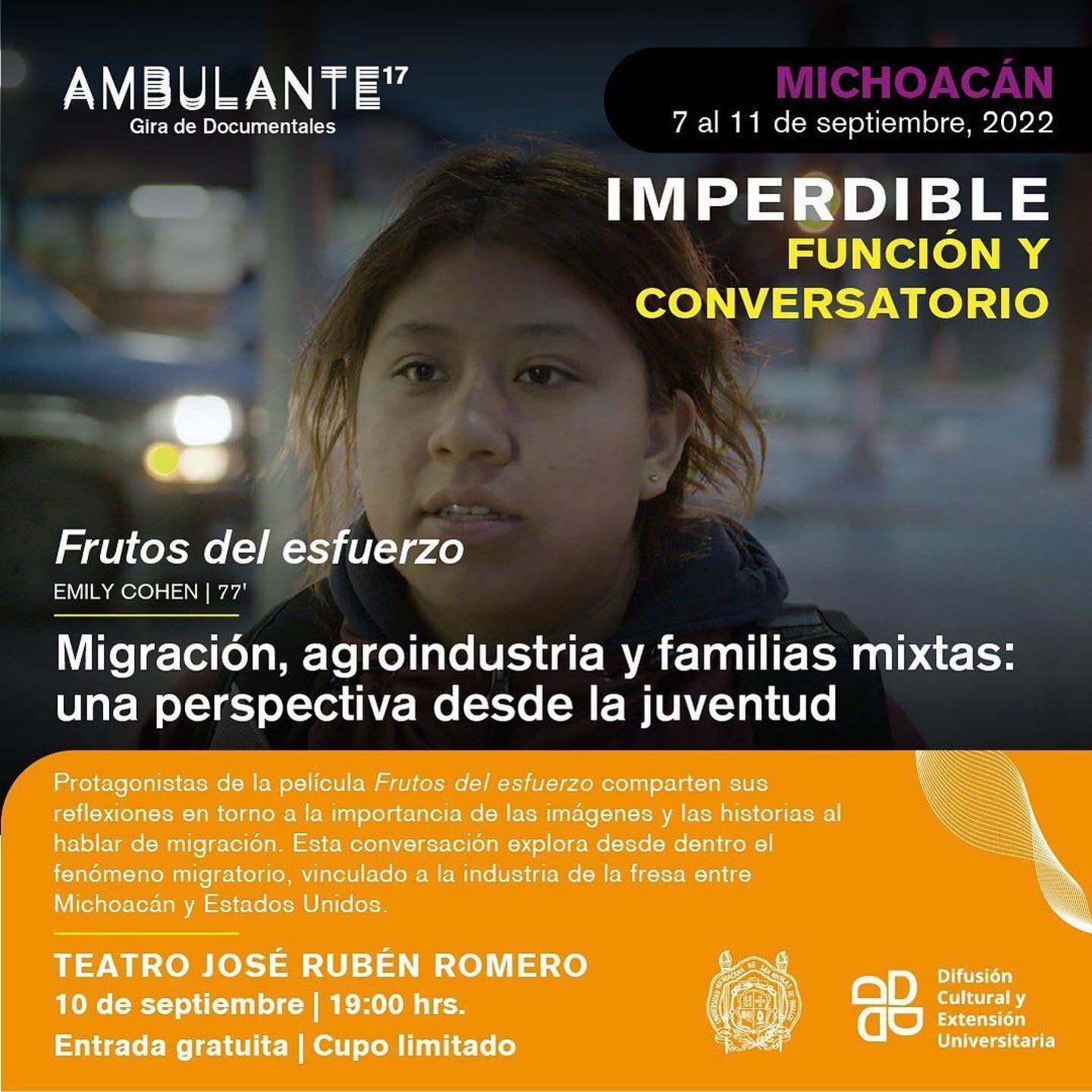 [English below.] &iexcl;Aparta la fecha! 💥 Esta semana llegamos a #AmbulanteMichoac&aacute;n ⚡

@ambulantemich organiza conversaciones sobre el fen&oacute;meno migratorio, an&aacute;lisis de la representaci&oacute;n de la mujer en el cine, y hablar&