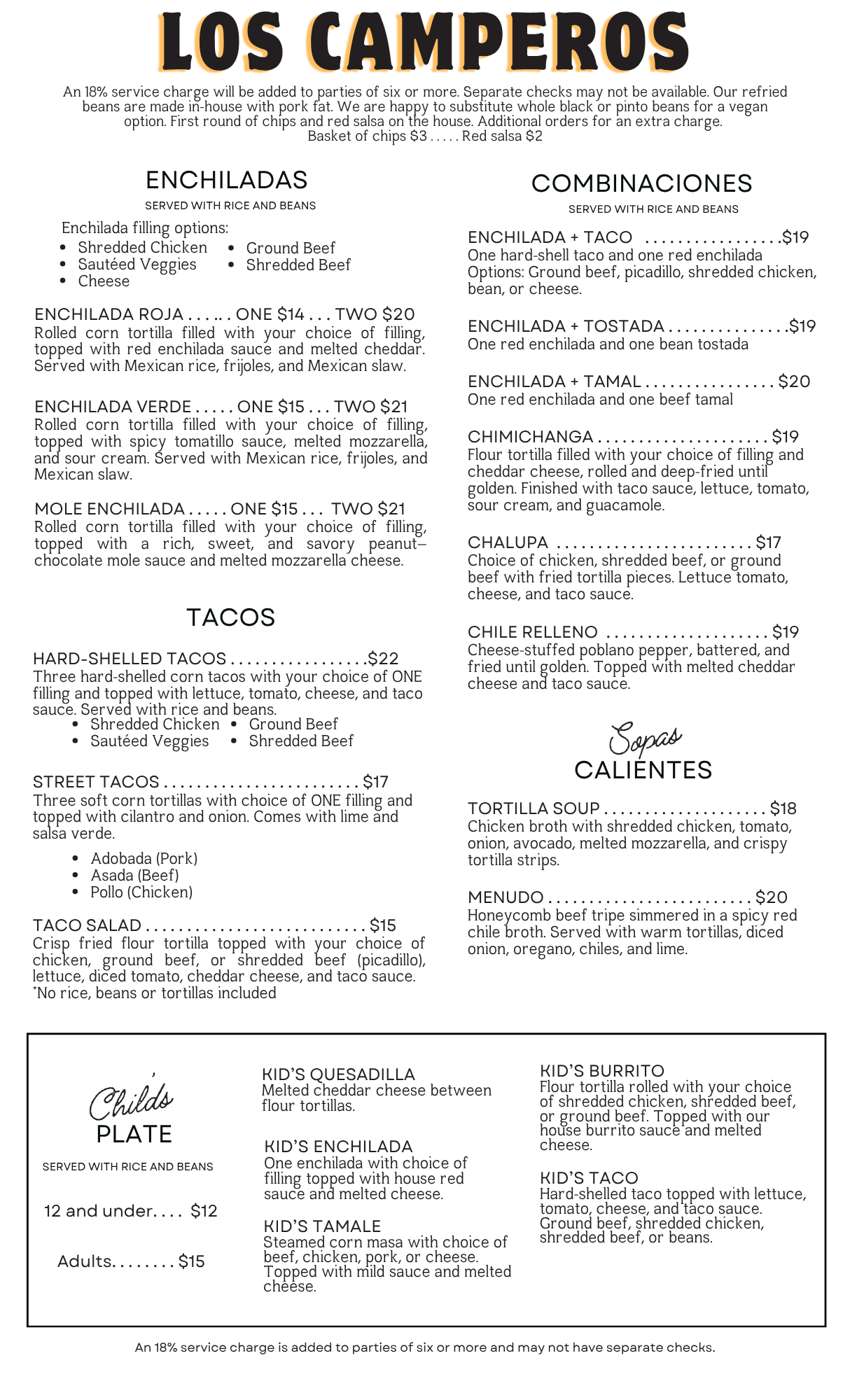Los Camperos Leavenworth Mexican Restaurant Menu Dinner Lunch Enchiladas Burritos Combinations Tacos Sopas