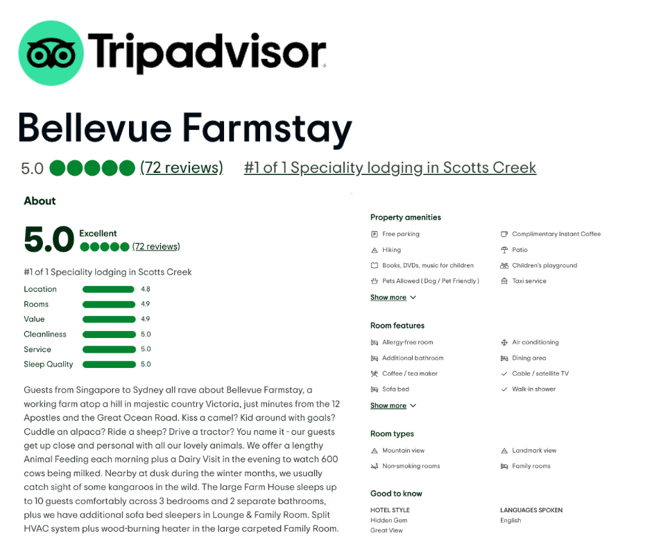 Tripadvisor rating of Bellevue Farmstay 72 five star reviews.