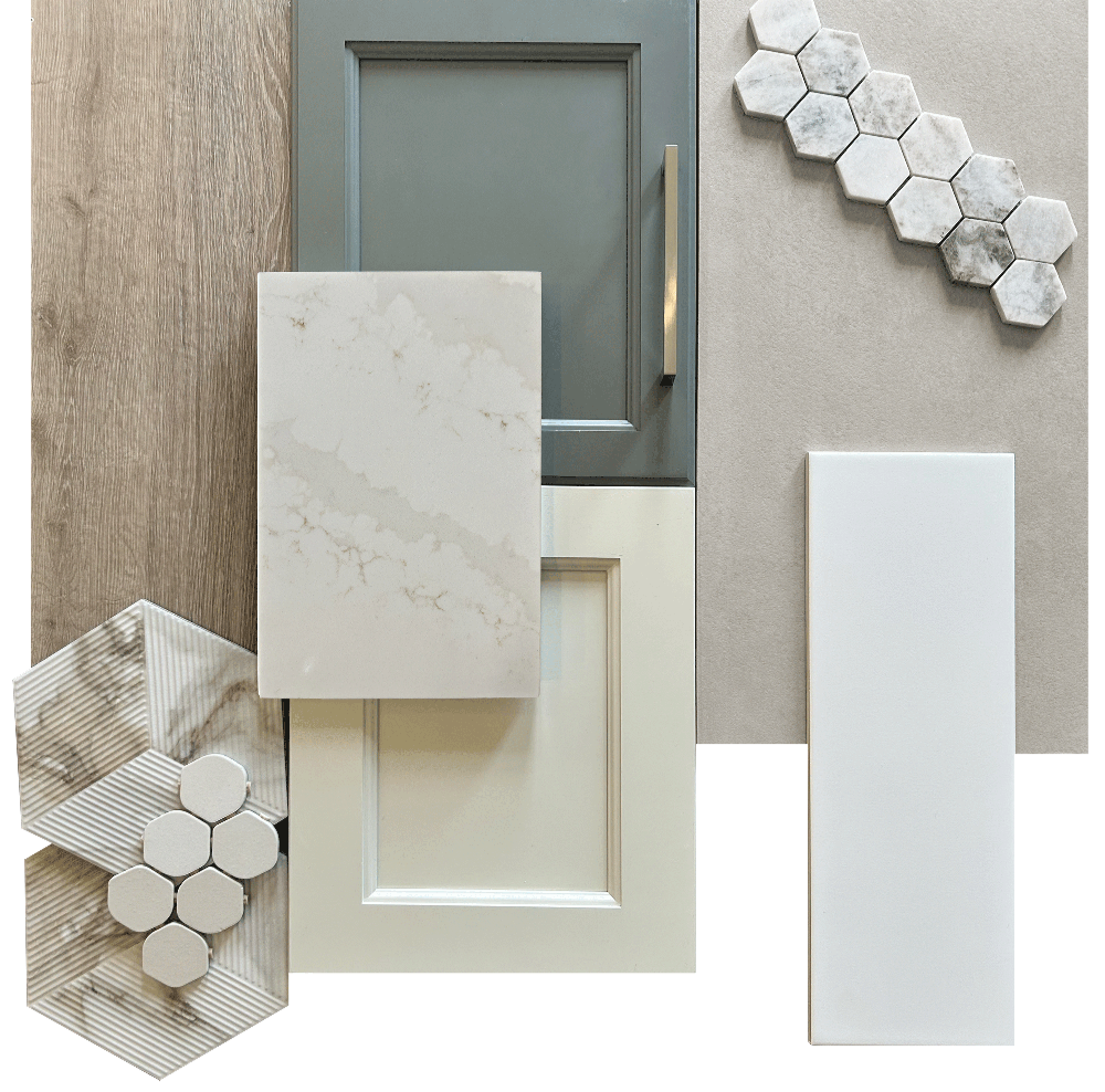 Sample door with various tile and material samples, including a blue door, white and beige tiles, and a hexagonal tile arrangement on the wall.
