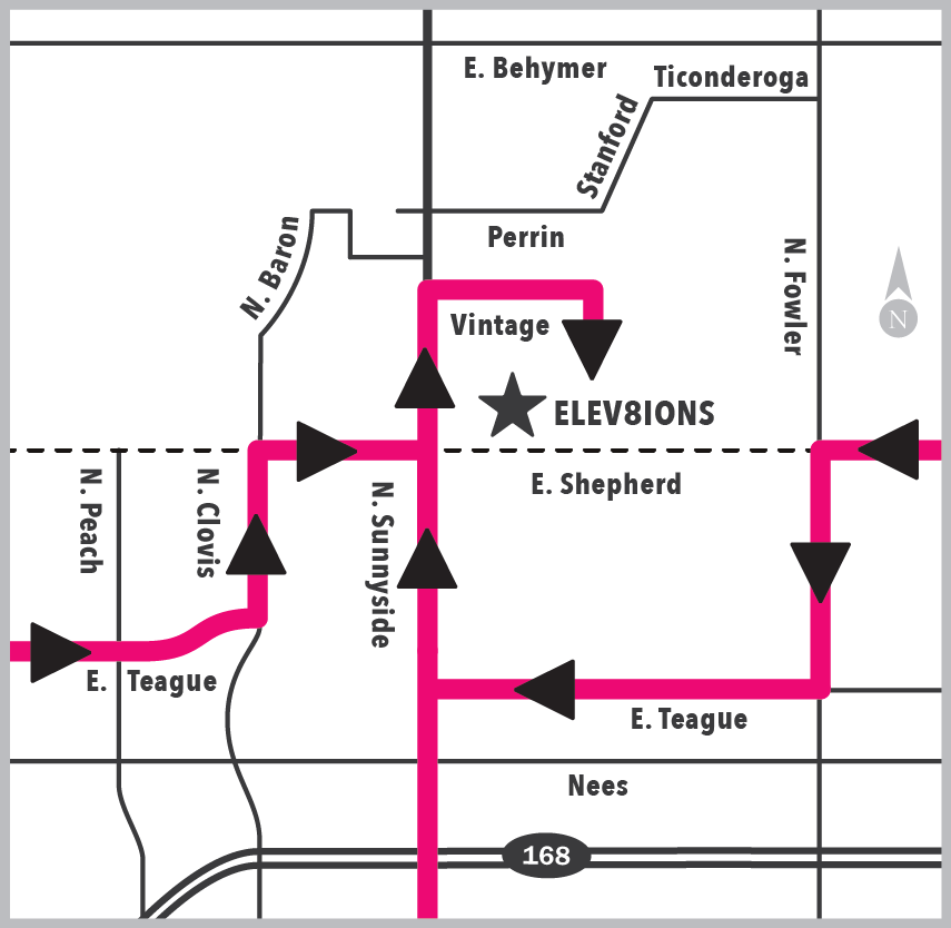 Map of a neighborhood showing street names, including East Peachtree, East Teague, Sunyside, Vintage, and others, with a pink highlighted route marked with arrows and a star labeled 'ELEV8IONS' near the center.