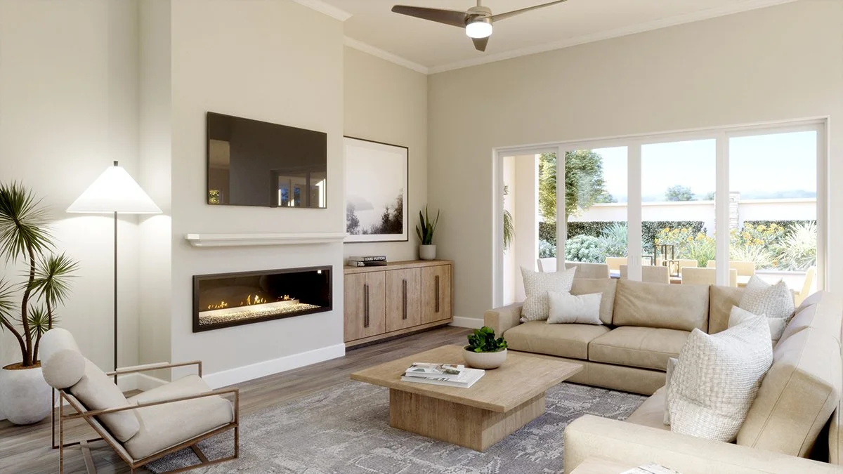 Modern living room with tan sectional sofa, glass coffee table, wall-mounted TV, fireplace, and large window with outdoor view.