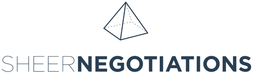 Logo with a geometric pyramid icon above the word "SHERNEGOTIATIONS" in black and dark blue text.