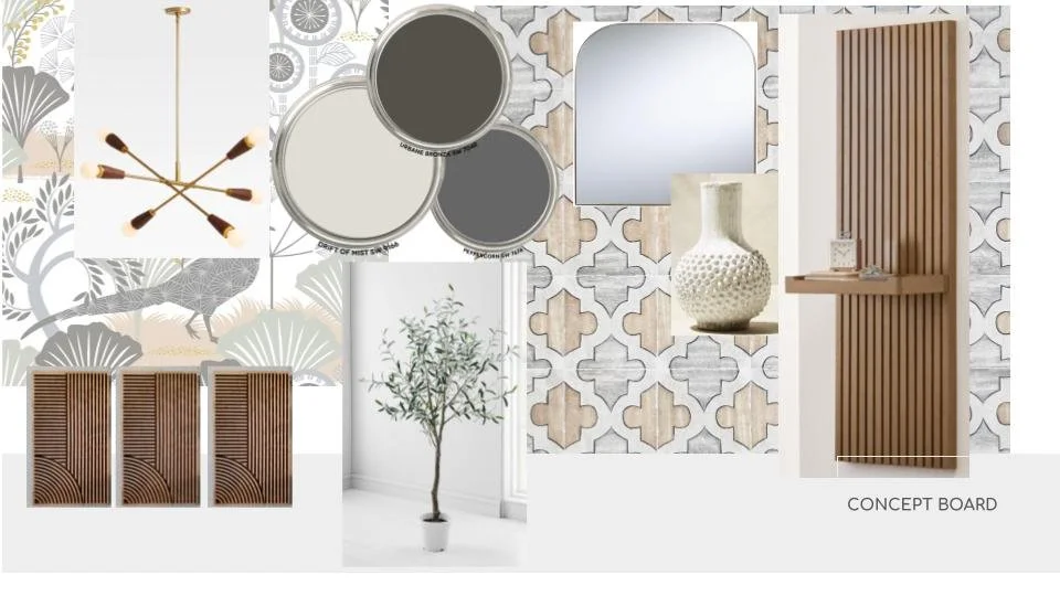 Mood board with interior design elements, including paint color swatches in gray shades, decorative wall tile patterns, a contemporary chandelier, a potted plant, a white textured vase, a mirror, and wooden architectural details.