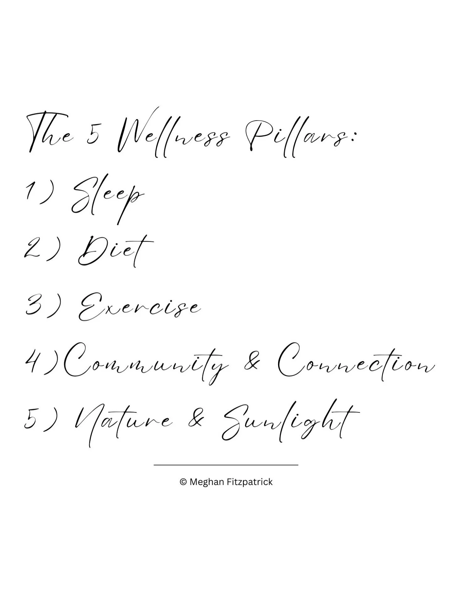 The 5 (Daily) Wellness Pillars:
1) Sleep - EVERYONE NEEDS 8hrs MIN/day 😴
2) Diet - Whole foods 🥦🥩🍓🥑🫐🍠🥗
3) Exercise - Daily movement! 🏃🏼&zwj;♀️🏋️&zwj;♂️
4) Community 🤝 &amp; Connection 🫂
5) Nature 🌿 &amp; Sunlight ☀️

***If you&rsquo;re 