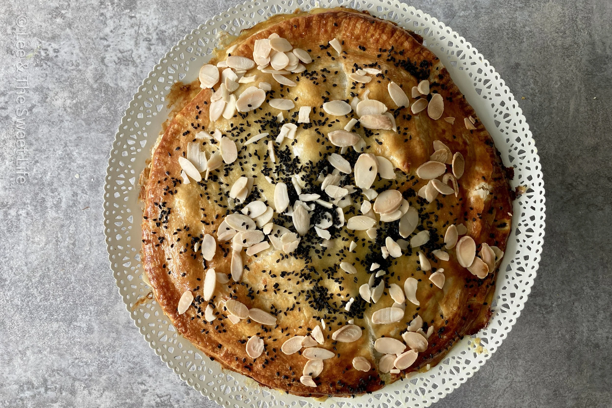 Coronation Chicken Pie with Black Onion &amp; Almond Topping